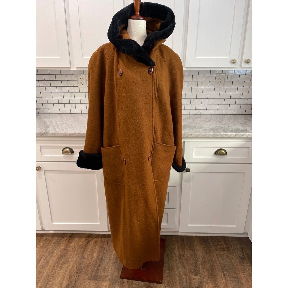 Vintage GHM Coat Womens Large Brown Faux Fur Trim Hooded Midi Wool Made USA